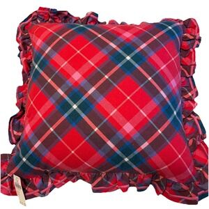 Anthropologie Plaid Ruffled Throw Pillow Square 18x18 Red Decorative Heritage